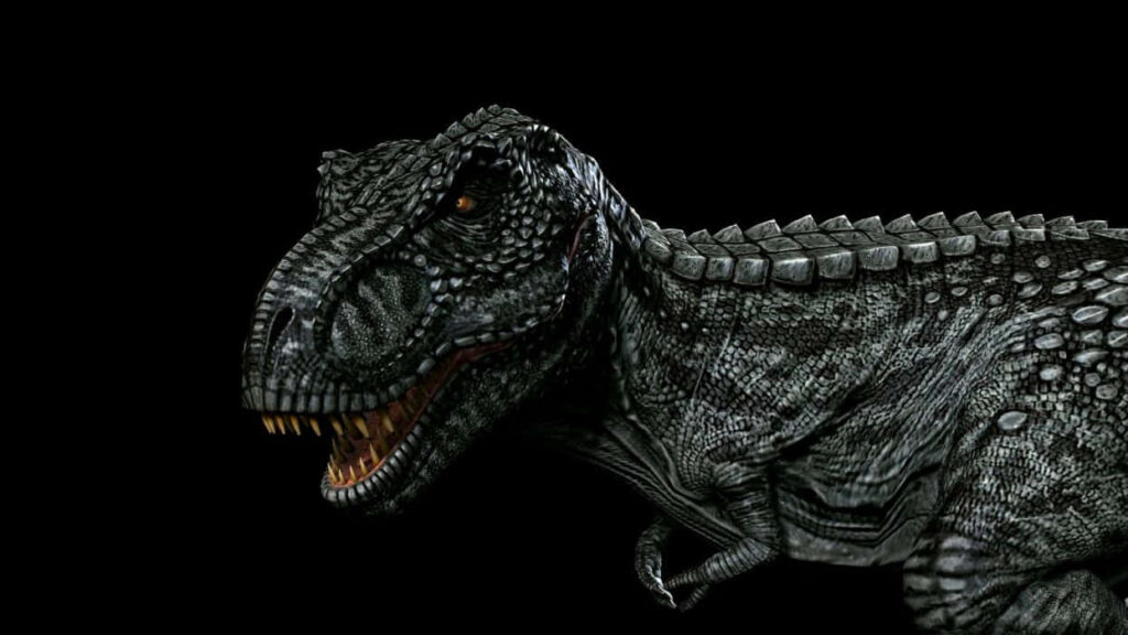 Shadowed Majesty: A Captivating Black Dinosaur in its Enigmatic Habitat Wallpaper