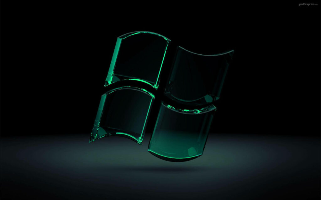 The Eerie Elegance of a Green 3D Glass Logo Suspended in a Mysterious Depths: Captivating Dark Windows Backdrop Wallpaper