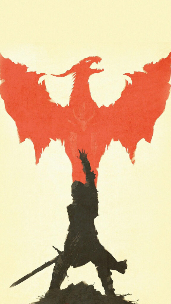 Minimalist Dragon Age: Inquisition Wallpaper with Warrior Silhouette and Stylized Red Dragon Background