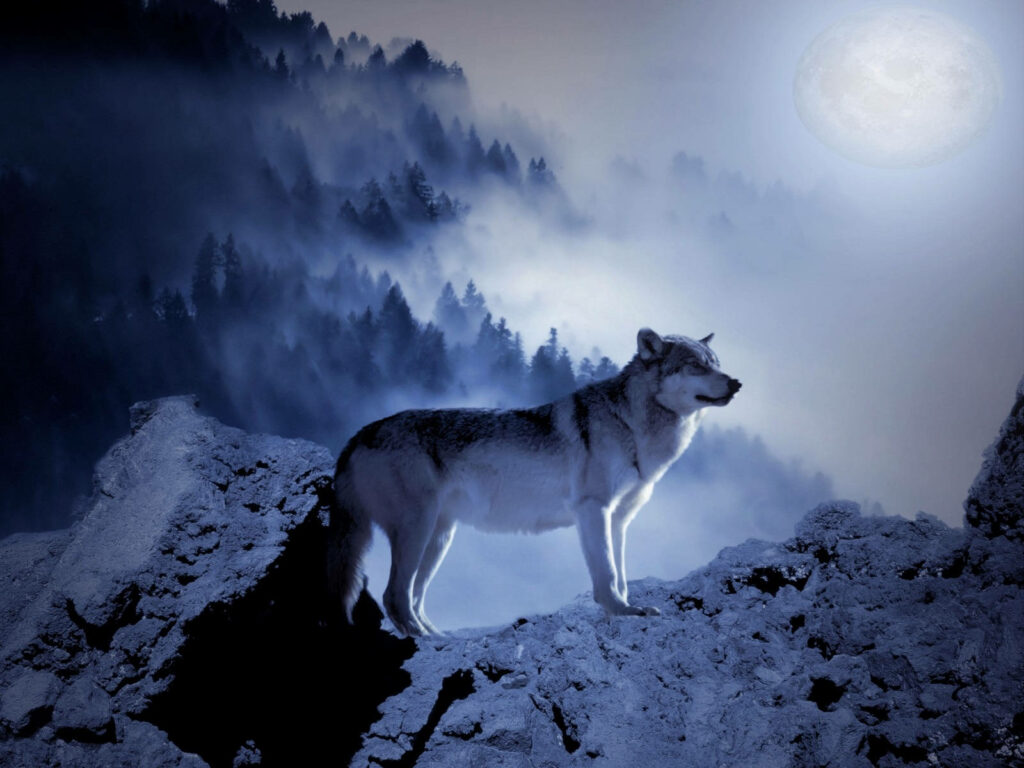 Lunar Majesty: A Majestic Wolf Bathed in Moonlit Snowscapes Wallpaper
