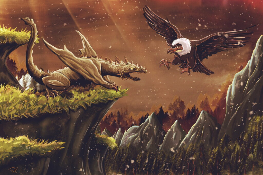 The Mythical Encounter: A Majestic Dragon and a Sinister Vulture Engage in an Artistic Fictional Battle - HD Wallpaper Background Photo