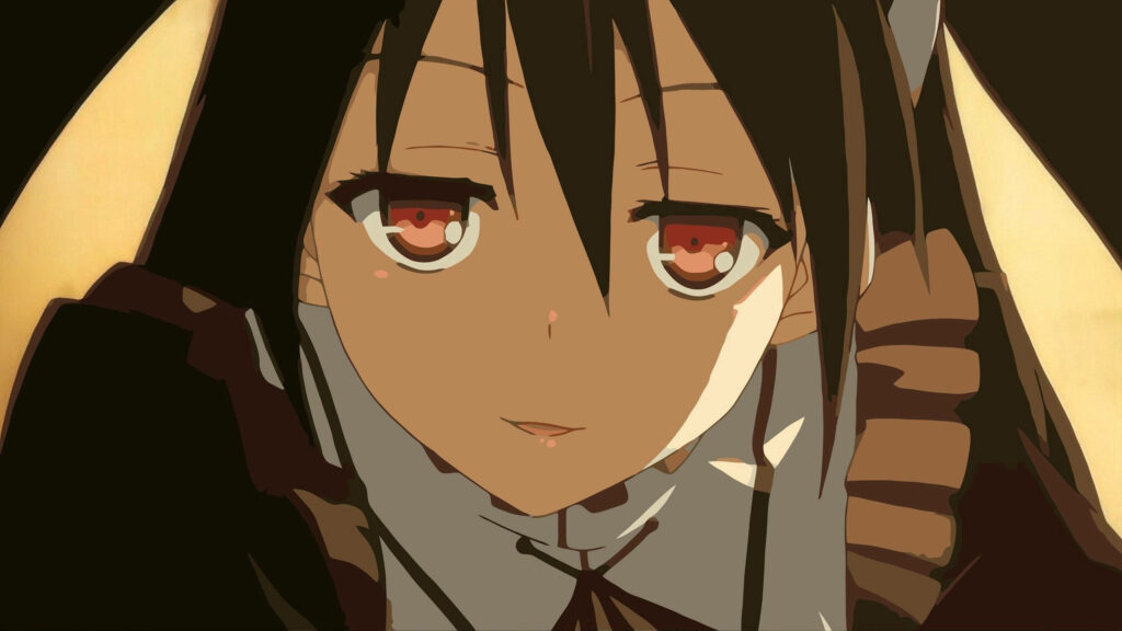 Enigmatic Girl with Red Eyes - Dark Hair Wallpaper Background