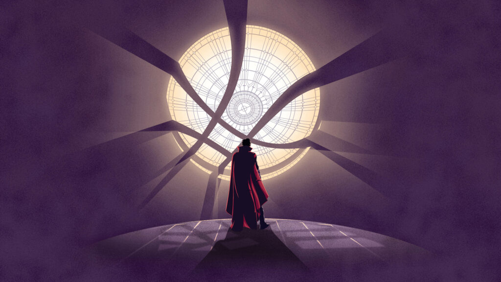 Minimalist Wallpaper: Enigmatic Figure & Glowing Circular Window