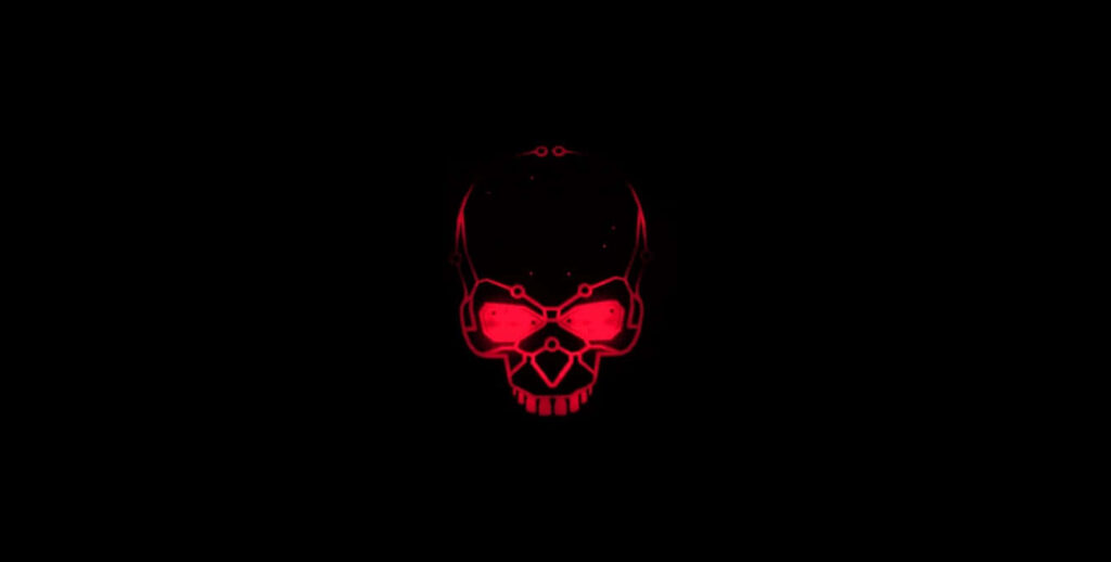 Glowing Crimson Skull: Mesmerizing Digital Art of a Luminous Red LED Skull Against a Pitch-Black Backdrop Wallpaper