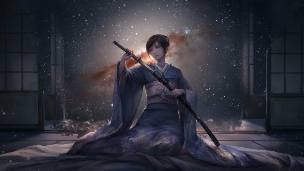 Juxtaposing Grace and Boldness: A Captivating Samurai Girl in a Stunning Kimono Wallpaper