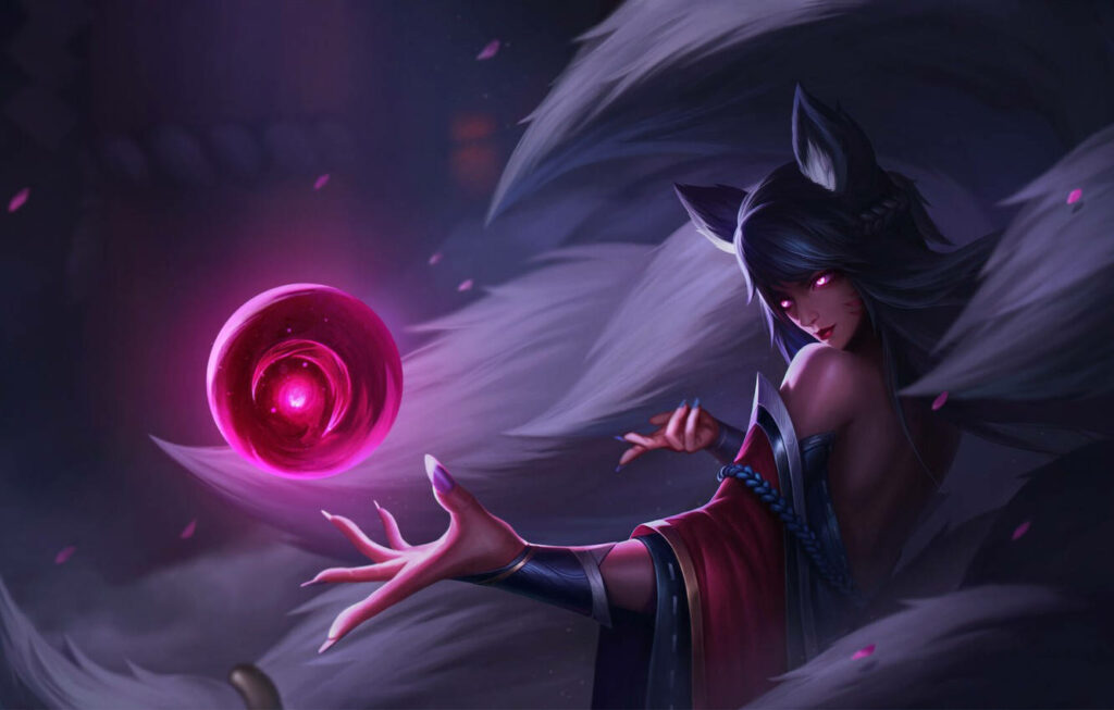 Enigmatic Vixen: Ahri Embracing a Eerie Crimson Power in Obscured Guise Wallpaper
