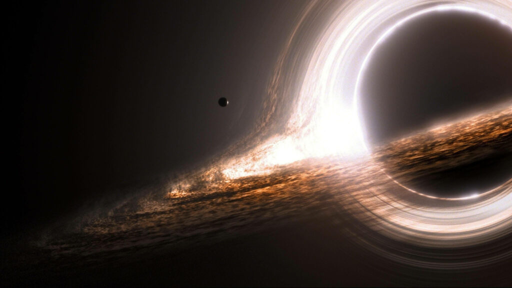 Colossal Supermassive Black Hole Engulfs Dwarfed Planet Amidst an Enigmatic and Unstable Radiating Ring Wallpaper