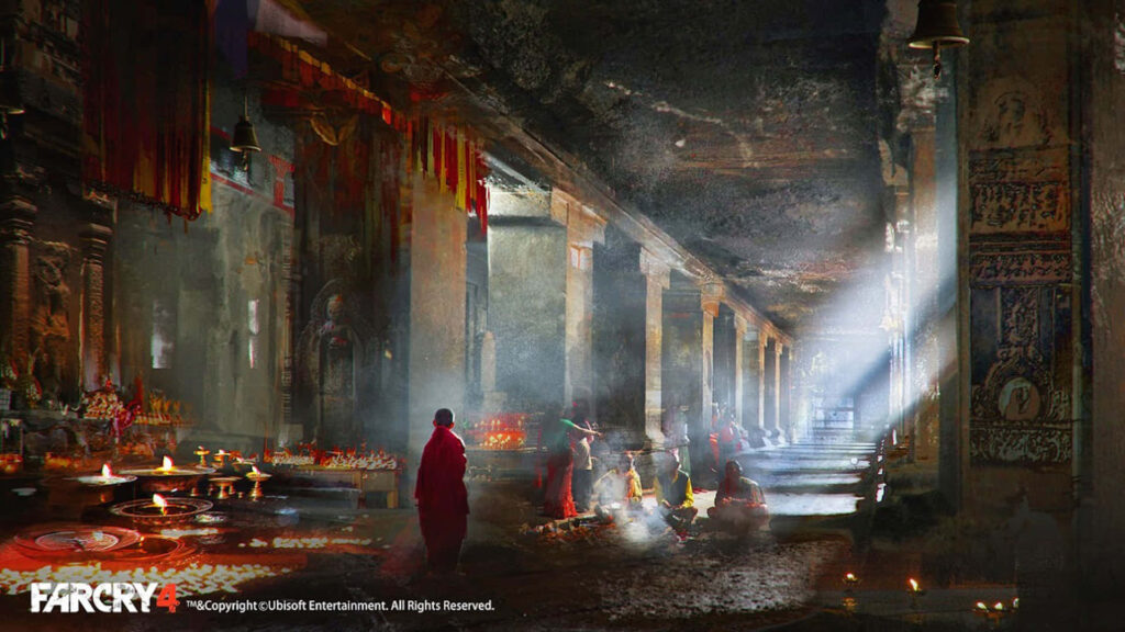 Far Cry 4 Game Promo: Mystical Temple Scene with Red Robed Figure Wallpaper