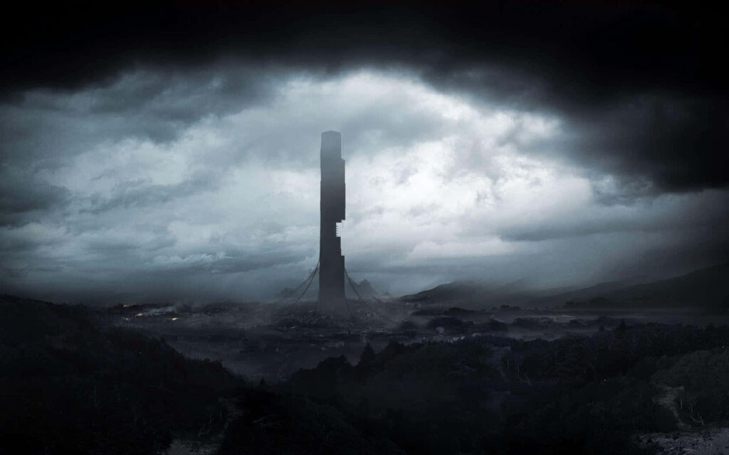 Mysterious Tower in Foggy Forest: Eerie Dramatic Background Wallpaper