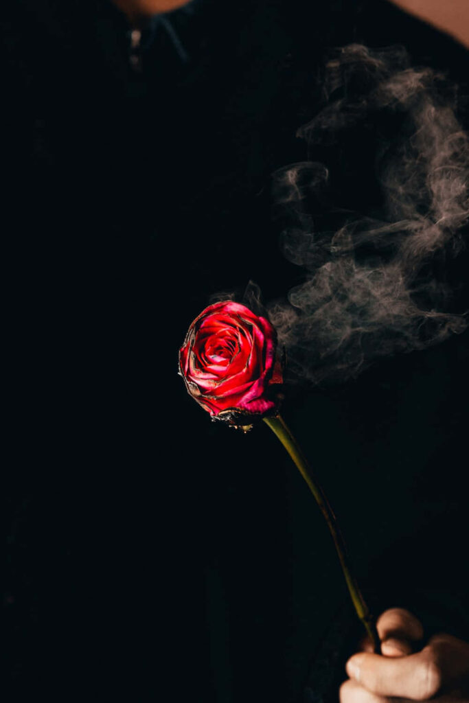 Mysterious Person with Red Rose and Rising Smoke - Captivating Scene Wallpaper