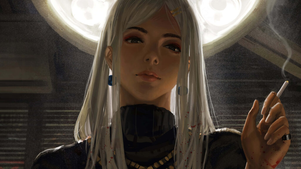 Mystical White-Haired Anime Girl Wallpaper with Cigarette & Mood Light