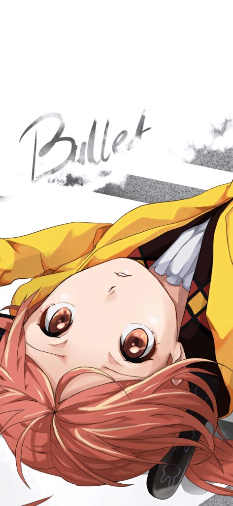 Enju Aihara anime wallpaper with bright red hair yellow jacket dynamic text on white background