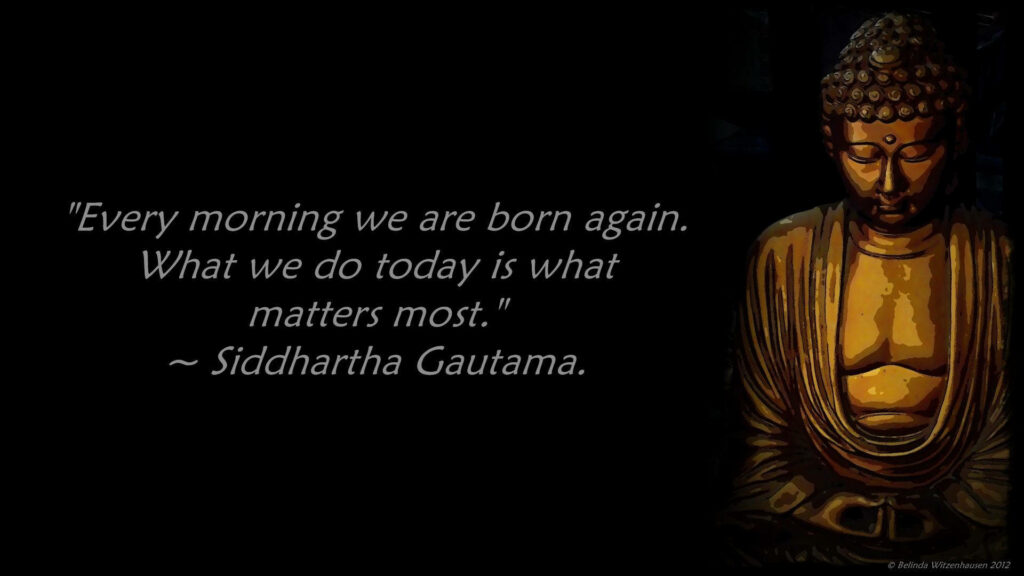 Enlightenment Embracing Serenity: Gautam Buddha's Wise Words Aligned with His Majestic Statue against a Black Canvas Wallpaper