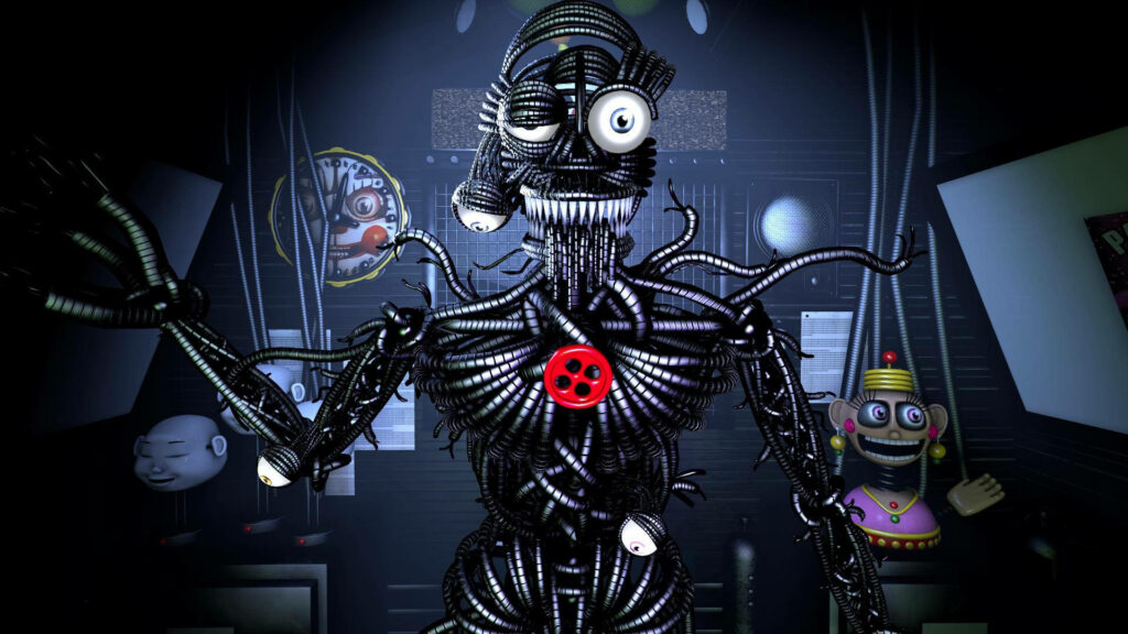 Ennard animatronic robot with twisted wires red button dark eerie Five Nights at Freddys wallpaper