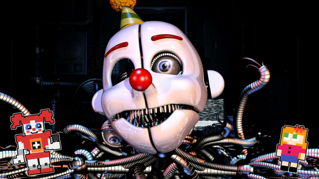 Ennard animatronic with twisting wires and Roblox pixel stickers wearing festive party hat wallpaper