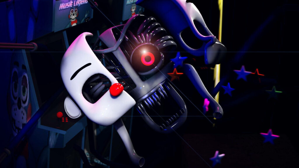 Ennard Ballora close-up with split mask glowing red eyes dark neon arcade horror wallpaper background