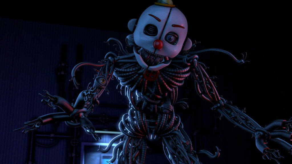 Ennard animatronic enraged with robotic wires and endoskeleton on dark blue horror background Wallpaper