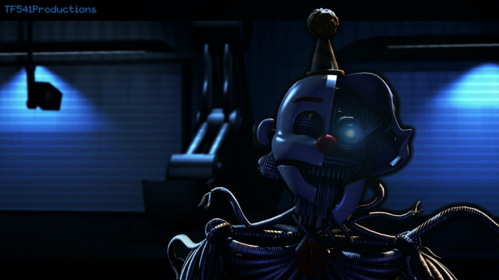 Ennard FNAF eerie clown robot wallpaper cracked mask blue light dark industrial background