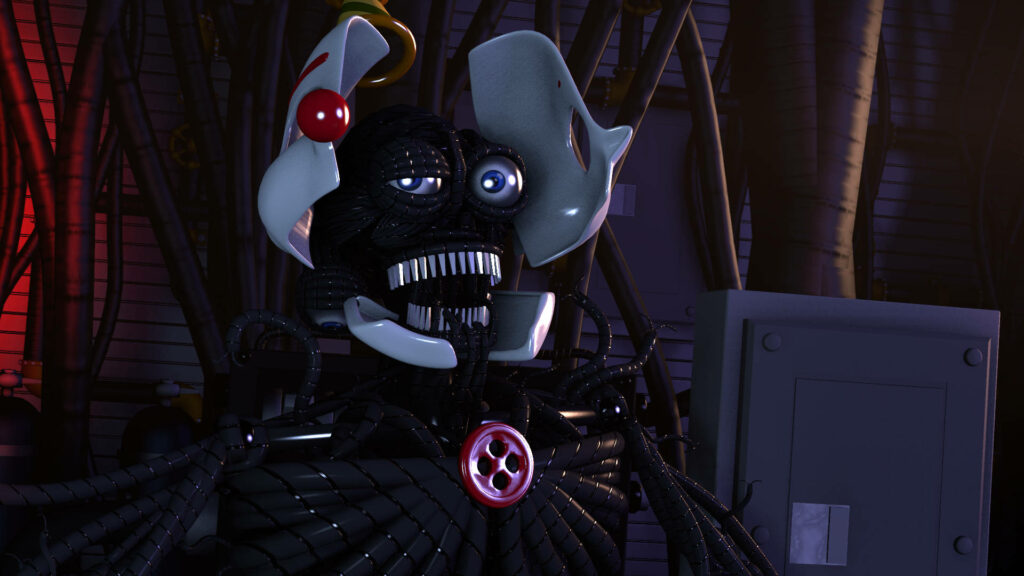 Ennard Five Nights at Freddys metallic endoskeleton with open white mask dark industrial background Wallpaper