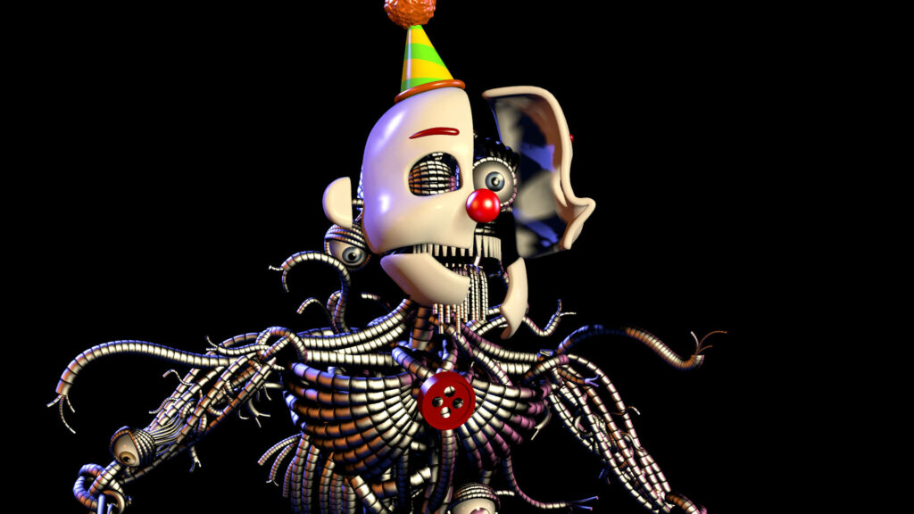 Ennard animatronic with clown mask and party hat dark horror Five Nights at Freddy's wallpaper