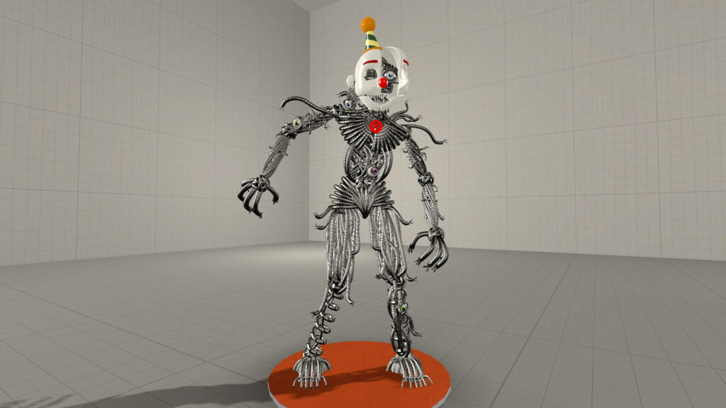 Ennard animatronic full body 3D render metallic endoskeleton red accents clown mask party hat Wallpaper