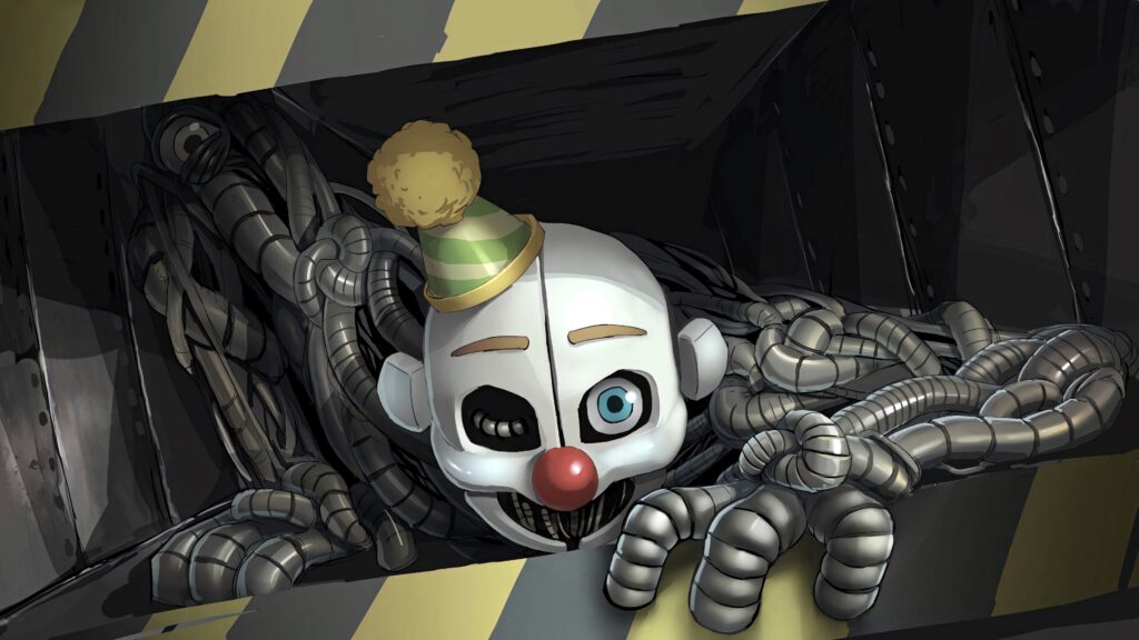 Ennard robot with white clown mask and party hat emerges from dark vent horror wallpaper background