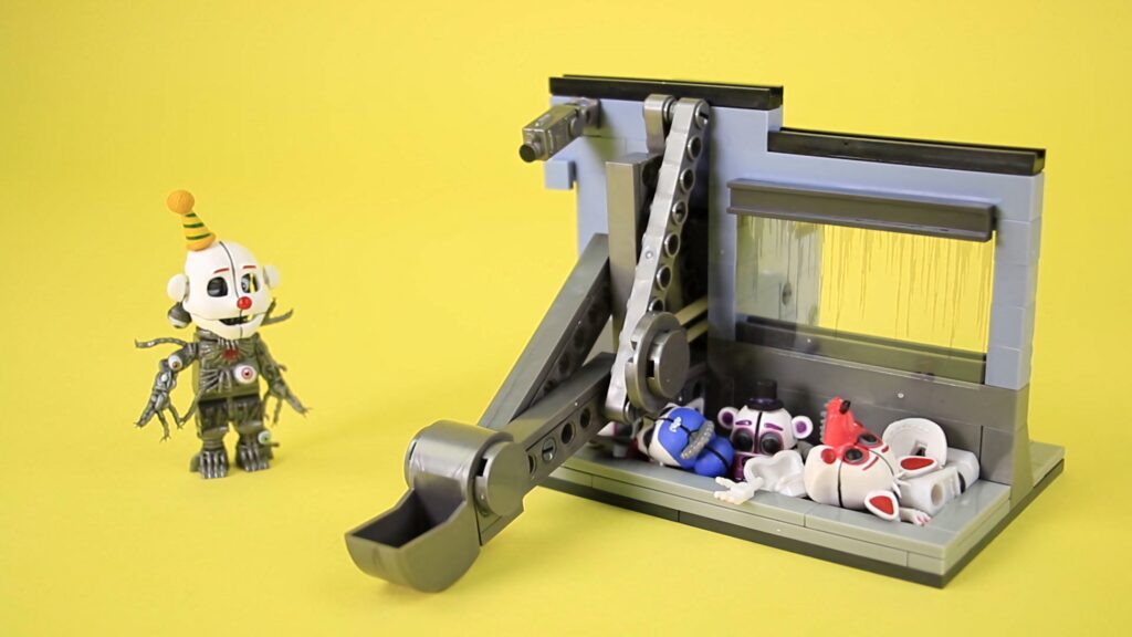Miniature Ennard robot toy by LEGO animatronic assembly line on bold yellow wallpaper background