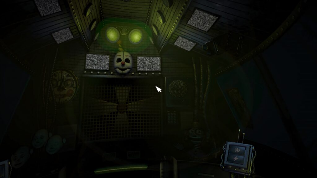 Ennard's secret hideout Wallpaper dim green lighting static monitors animatronic mask horror ambiance