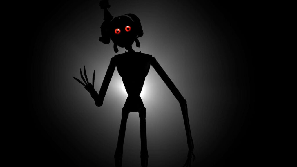 Ennard's Fiery Greeting: A Mysterious Silhouette Emerges, Red Eyes Glowing, Waving a Tiny Hand Wallpaper