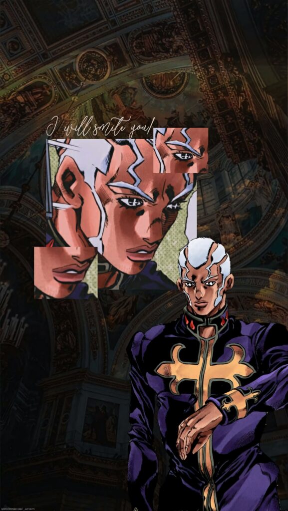 Enrico Pucci anime wallpaper with intense expression bold contrasts church background dark purple tones