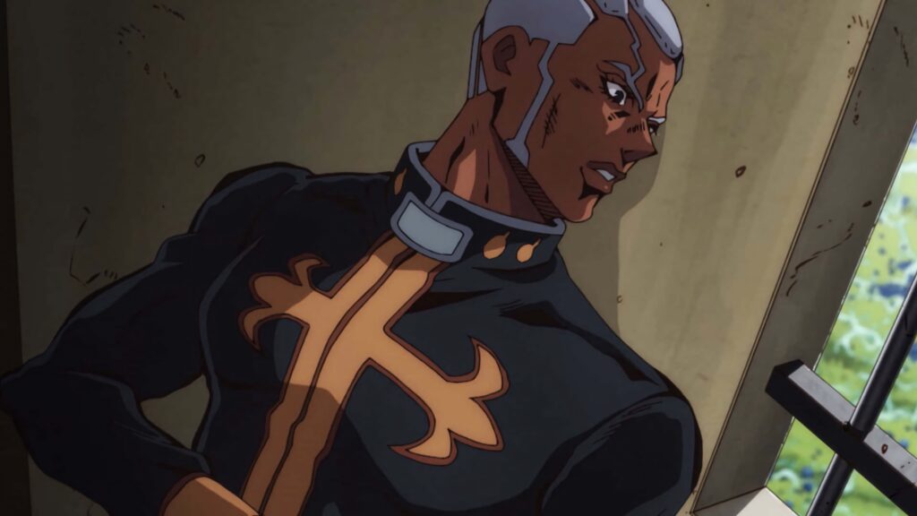 Enrico Pucci anime style black priest outfit golden crosses intense expression wallpaper background