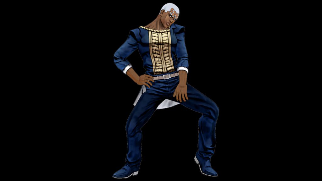 Enrico Pucci in navy suit with gold accents and white shirt anime wallpaper background intense pose