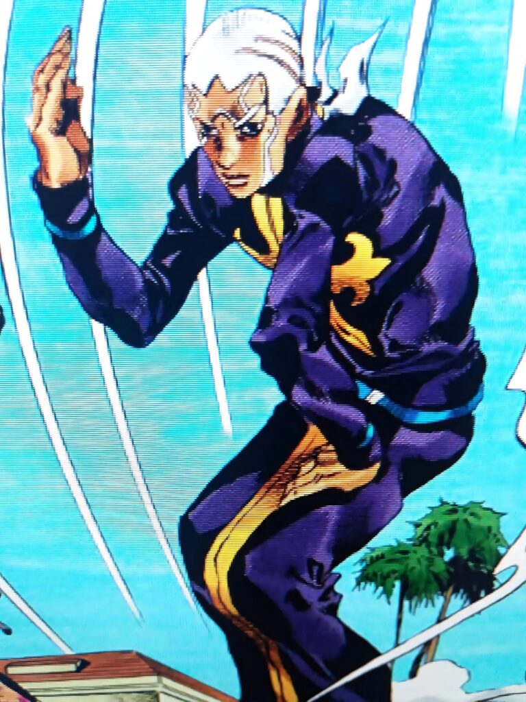 Enrico Pucci Conqueror Of Heaven dynamic pose dark purple outfit gold accents bright blue sky wallpaper