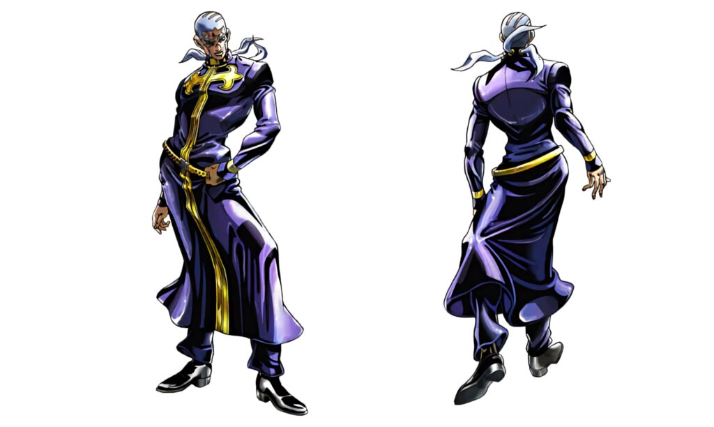 Enrico Pucci JoJo anime wallpaper front and back views dark purple outfit gold accessories