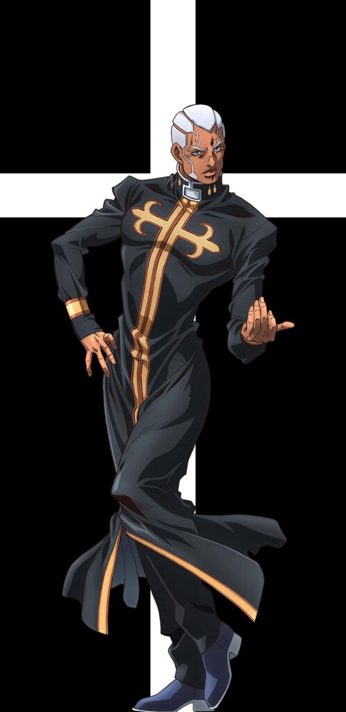 Head Priest Enrico Pucci in black gold robe with white cross background JoJo Bizarre Adventure wallpaper