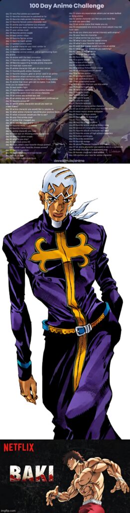 Anime wallpaper of Enrico Pucci in purple gold and Baki showcasing muscles on dark background