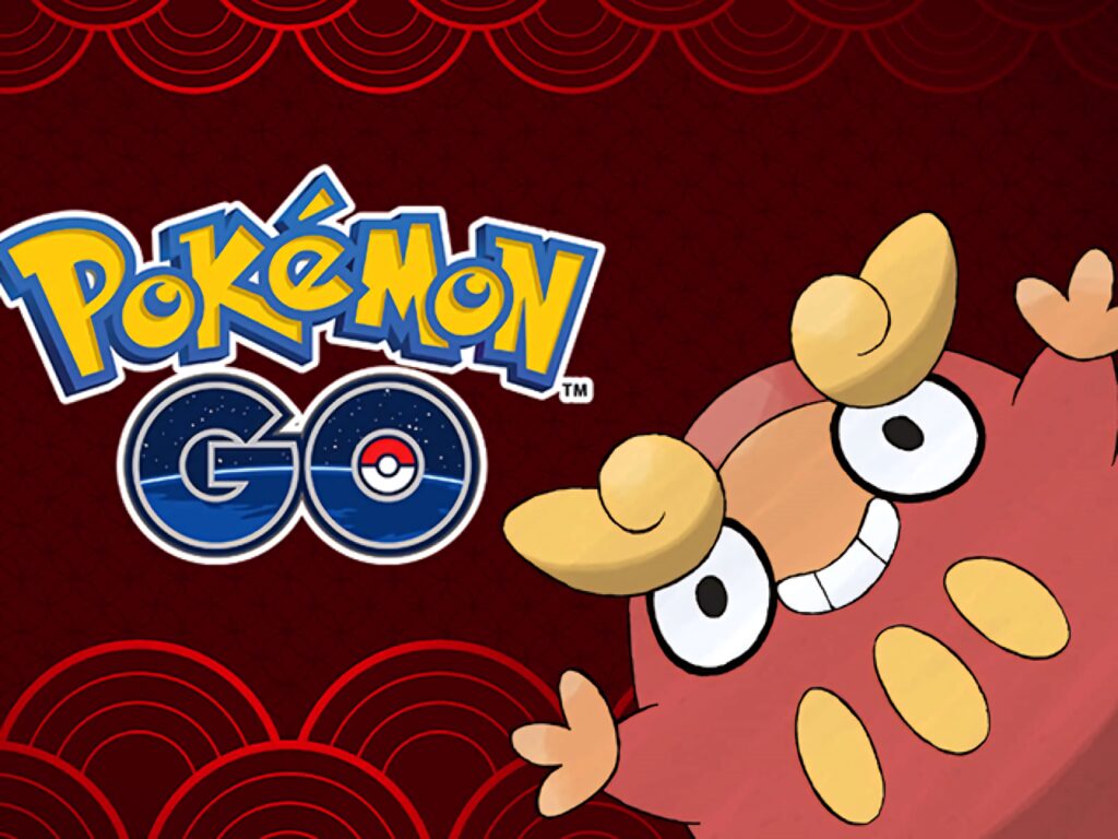 Enthralled Darumaka fiery Pokémon on bold red patterned background with Pokémon GO logo wallpaper