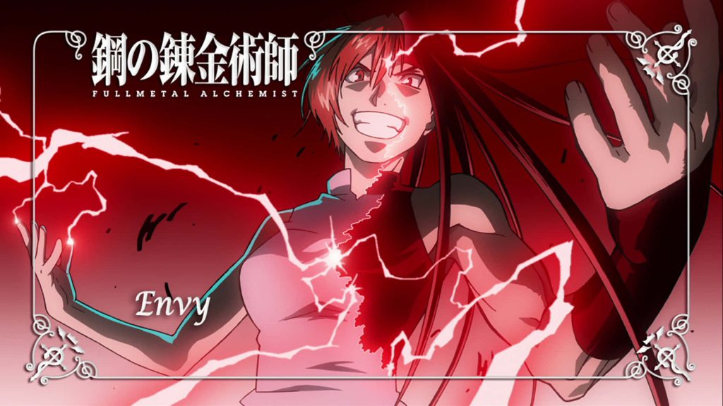 Envy Fullmetal Alchemist anime wallpaper with menacing grin and vibrant electric red background