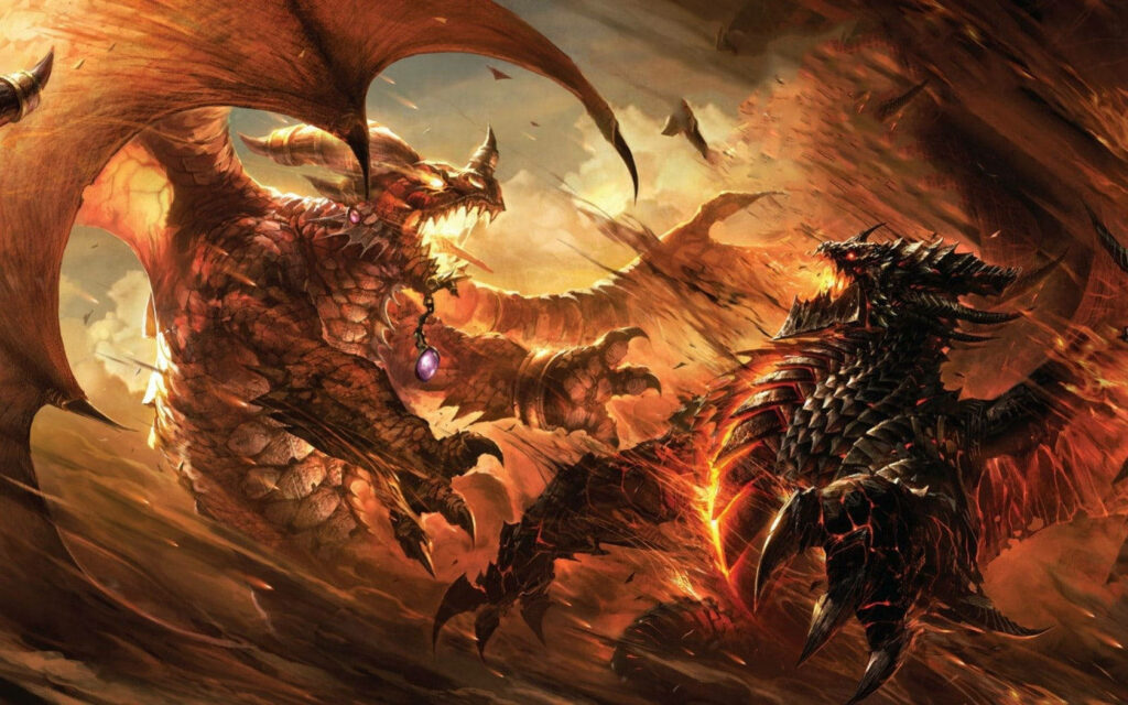 Epic Dragon Battle Wallpaper: 3D Fantasy Artwork in Fiery Sky