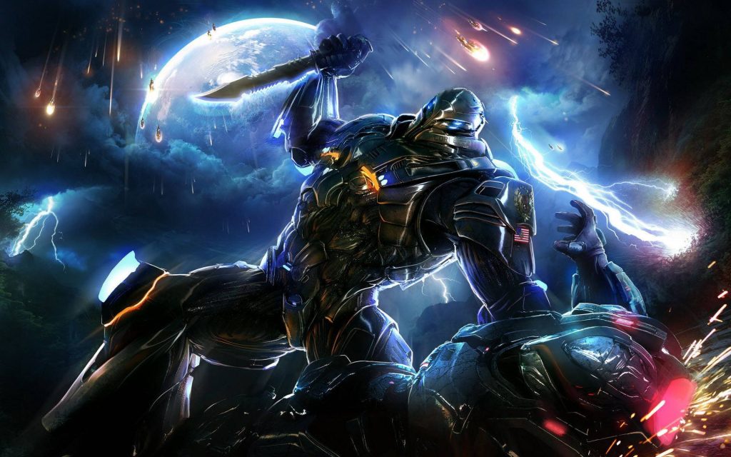 3D Section 8 sci-fi soldier with American flag in epic lightning battle under giant planet background Wallpaper