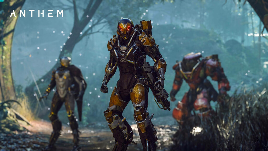4K Anthem Game wallpaper with Storm Ranger Colossus Javelins in lush mysterious forest battle