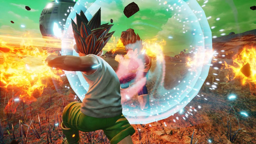 Hunter x Hunter Gon Freecss and Dragon Ball Vegeta clash in 4K Jump Force anime battle wallpaper