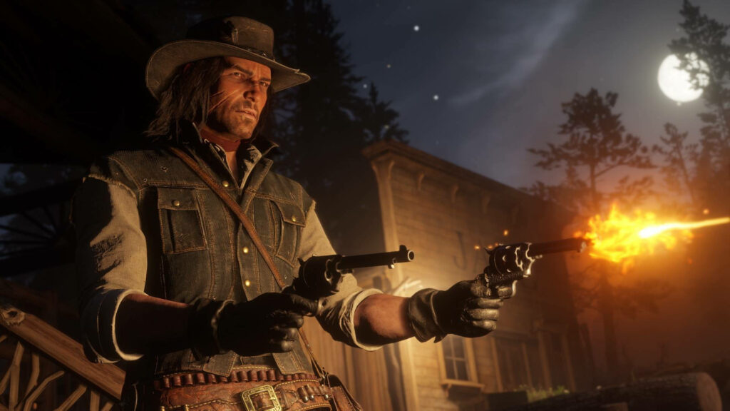 Epic 4K Red Dead Redemption 2 Wallpaper: Cowboy Duel Under Moonlight
