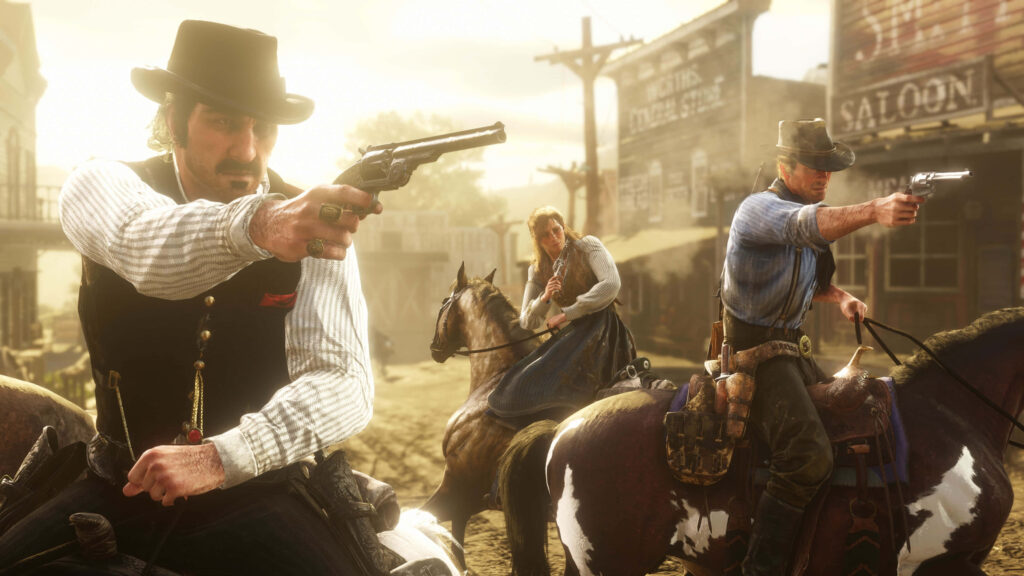 “Dynamic 4K Red Dead Redemption Town Fight Scene Wallpaper”