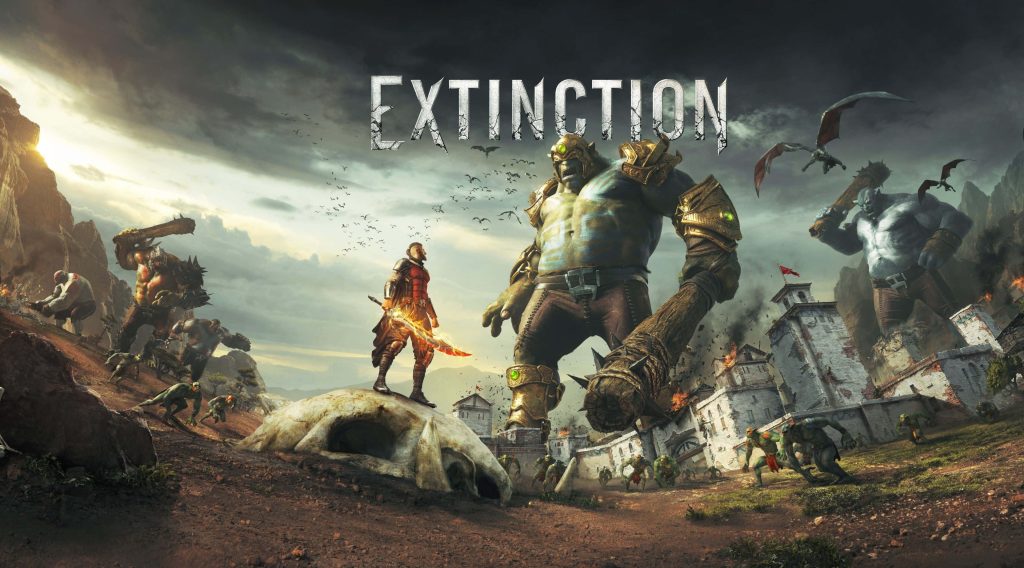 Epic 4K Extinction game wallpaper Avil battles massive Ravenii ogres in ruined fantasy city
