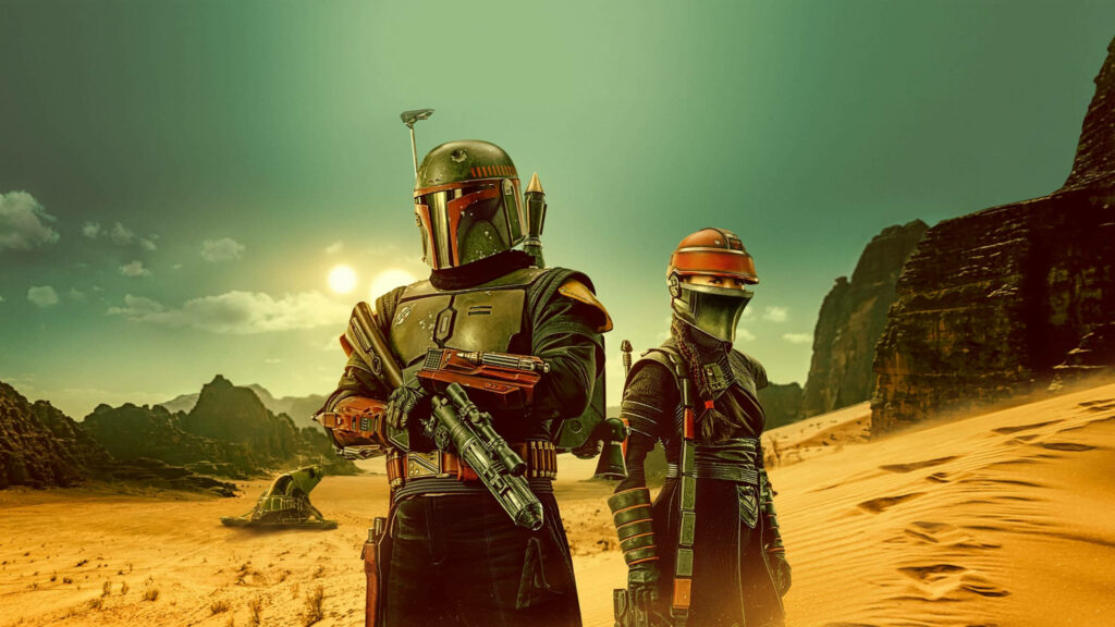 Epic 4K Wallpaper of Fennec Shand & Boba Fett in Desert Landscape