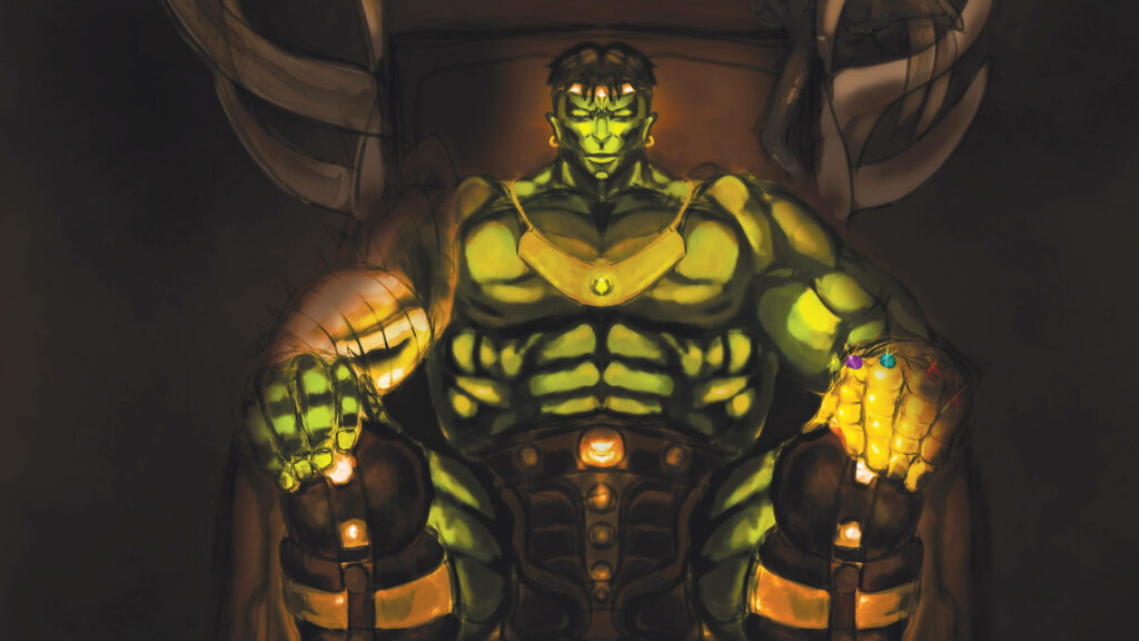 Epic 4K Wallpaper: Hulk with Infinity Gauntlet on Throne