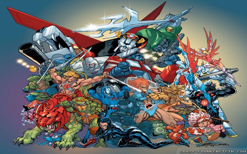Vibrant 80s comic wallpaper featuring Transformers He-Man TMNT ThunderCats G I Joe Voltron crossover