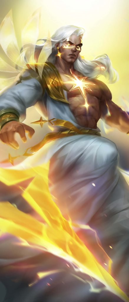 Epic digital wallpaper of Veithael AFK Arena celestial hero with glowing energy blade and robes