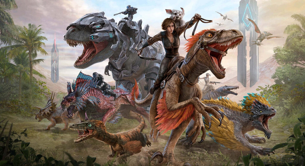 Brave ARK Survival survivor rides dinosaur amid prehistoric creatures and futuristic tech wallpaper